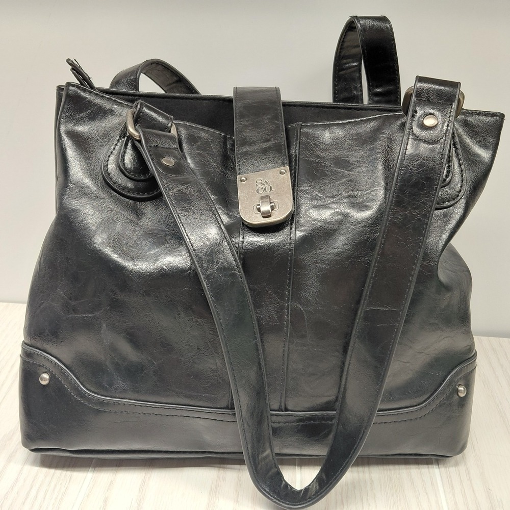 S & Co. Women's Black Faux Leather Double Strap Shoulder Bag Multi Compartments